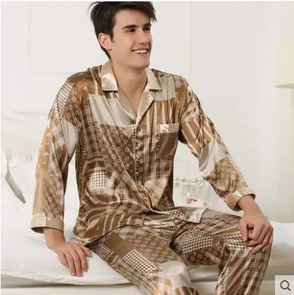 Spring Autumn New Male 2PCS Pajamas Set Sleepwear Print Long Sleeve Trouser Pijamas Suit Loungewear Loose Silk Satin Home Wear