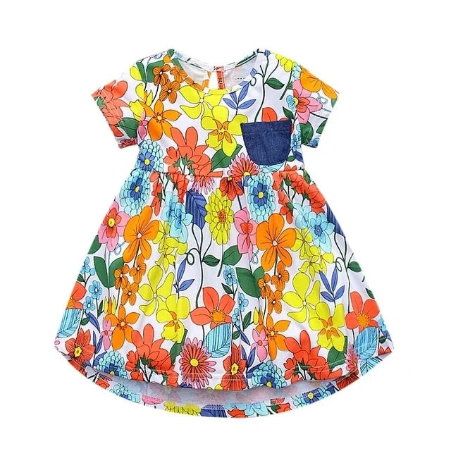 Girls Short Sleeve Summer Dress For 1-6 Years Kids 100% Cotton Casual Dresses Children's Clothing KF128