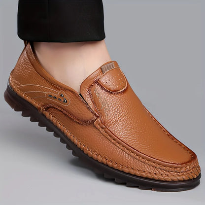 Classic Leather Loafers for Men - Elegant Beige Slip-On Shoes with Round Toe Ideal for Business and Casual Outfits