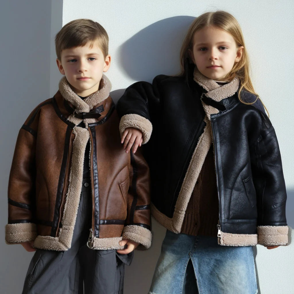 2026 Winter Kids Suede Leather Jacket Boys Girls Faux Fur Coat Thick Warm Fleece Outerwear Teen Children Top Clothes 2-15 Years