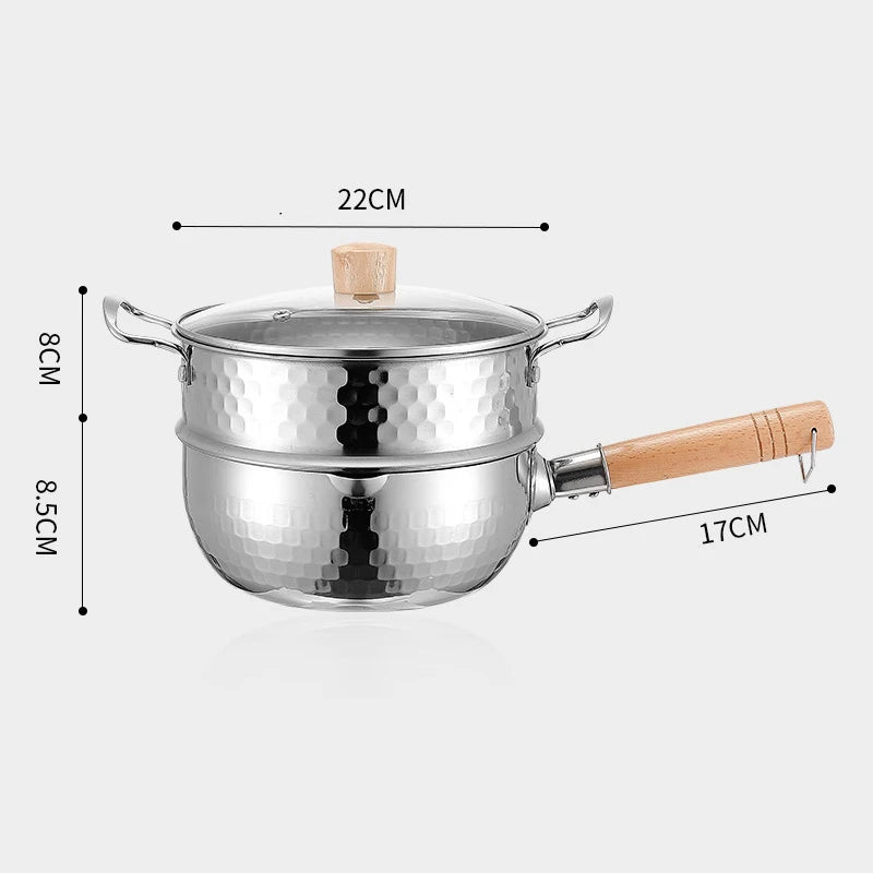 Stainless Steel Pan Japanese Snow Pan Wooden Handle Lid Stew Pots Fry Wok Saucepan Milk Pot Kitchen Utensils Practical Cookware