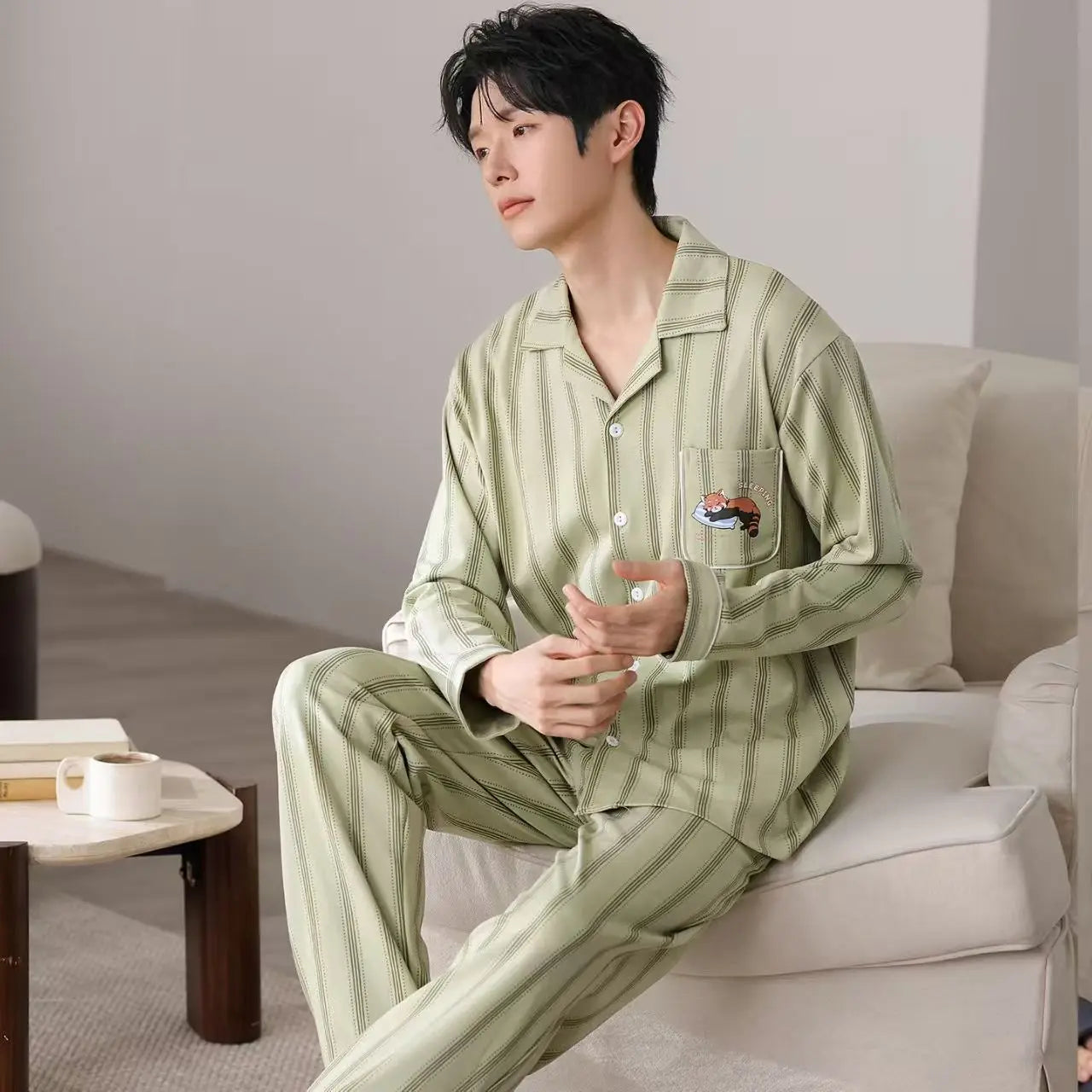 New Men's Pajamas Spring and Autumn Set, Can Be Worn Outside, Cardigan Loungewear, Casual Long-Sleeved, Large Size, Loose Fit, Autumn and Winter