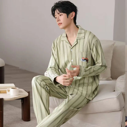 New Men's Pajamas Spring and Autumn Set, Can Be Worn Outside, Cardigan Loungewear, Casual Long-Sleeved, Large Size, Loose Fit, Autumn and Winter