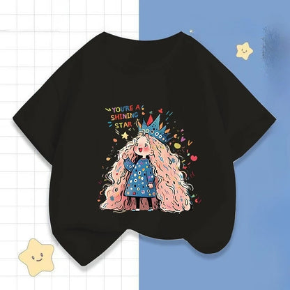 Girls' Summer Cartoon Short-sleeved T-shirt, New Round Neck Color-blocking Half-sleeved Little Girls' Printed Casual Top In