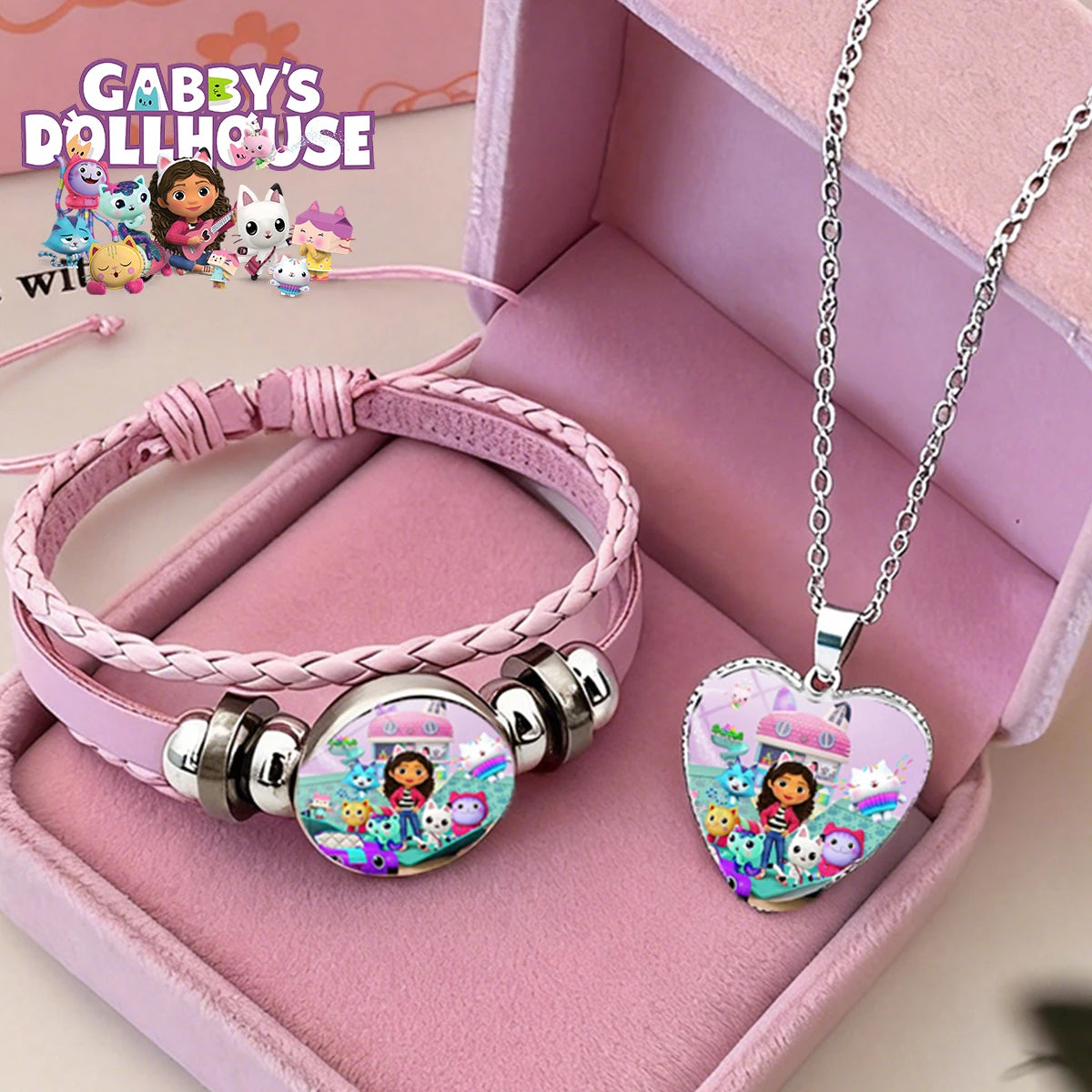 Gabby Dollhouse Girl Bracelets + Necklace Jewelry Set 2pcs Female Kawaii Necklace Chain Accessories Girl Party Birthday Gift Toy