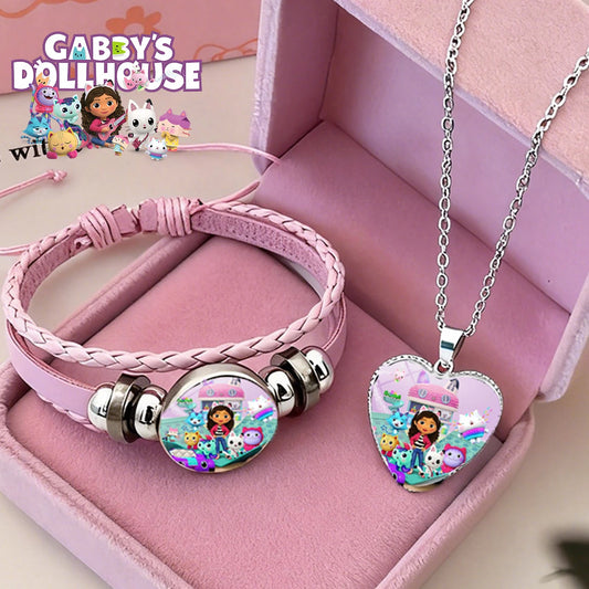 Gabby Dollhouse Girl Bracelets + Necklace Jewelry Set 2pcs Female Kawaii Necklace Chain Accessories Girl Party Birthday Gift Toy