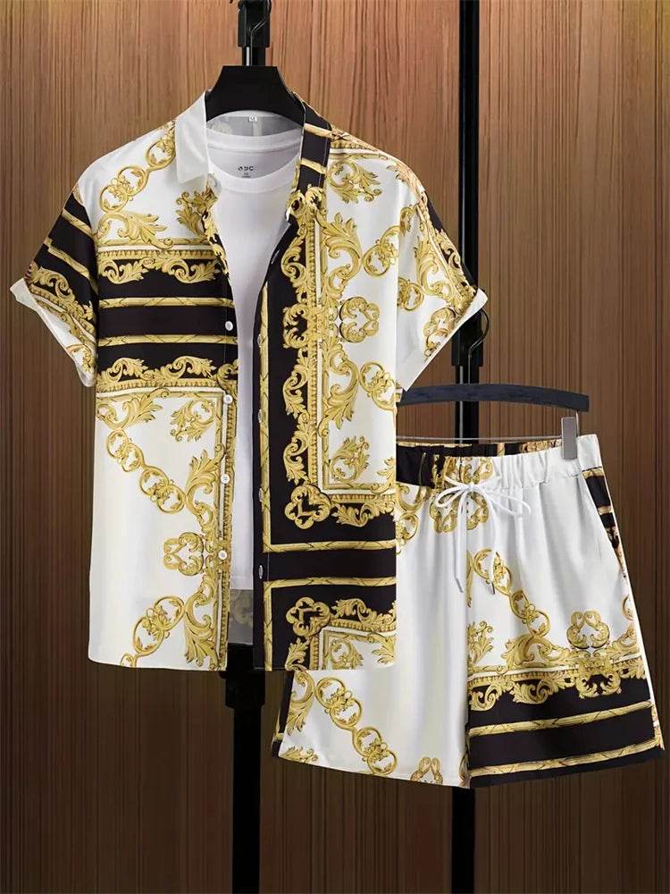 2024 New Men's Beach Wear 2-Piece Quick Drying Hawaiian Shirt and Shorts Set Summer Men's Fashion Striped Print Casual Wear