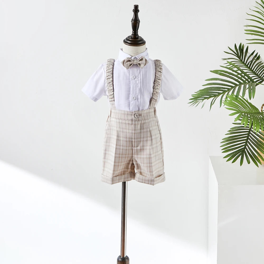 Baby Photograph Boys Suit Children Clothes Set Spring Khaki Lattice Birthday Dress Kids costume Tuxedo Coat+Shorts With Strap