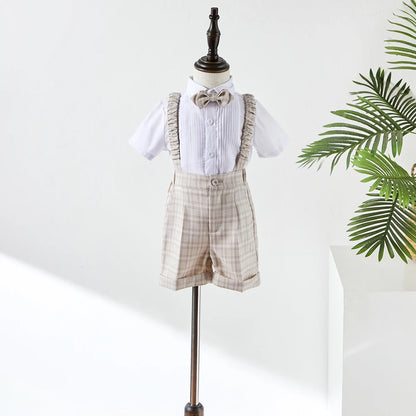 Baby Photograph Boys Suit Children Clothes Set Spring Khaki Lattice Birthday Dress Kids costume Tuxedo Coat+Shorts With Strap