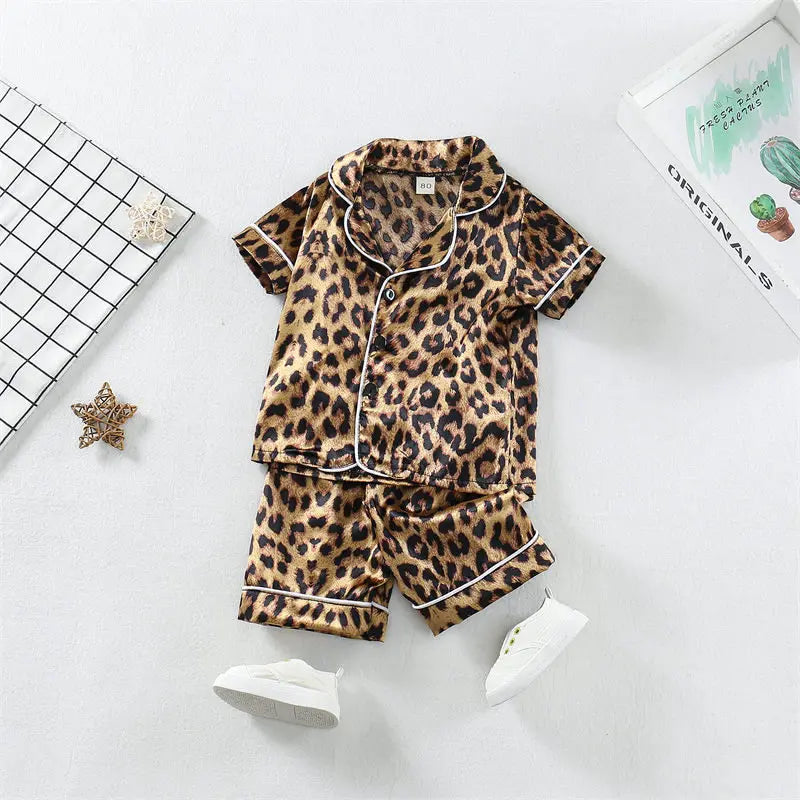 Boys Girls Kids Pajama Sets Cartoon Leopard print Short Sleeve T-Shirt Tops Pants Toddler Baby Sleeping Cloth Pijamas Sleepwear
