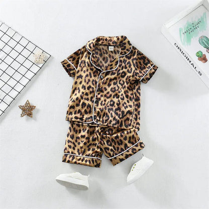 Boys Girls Kids Pajama Sets Cartoon Leopard print Short Sleeve T-Shirt Tops Pants Toddler Baby Sleeping Cloth Pijamas Sleepwear