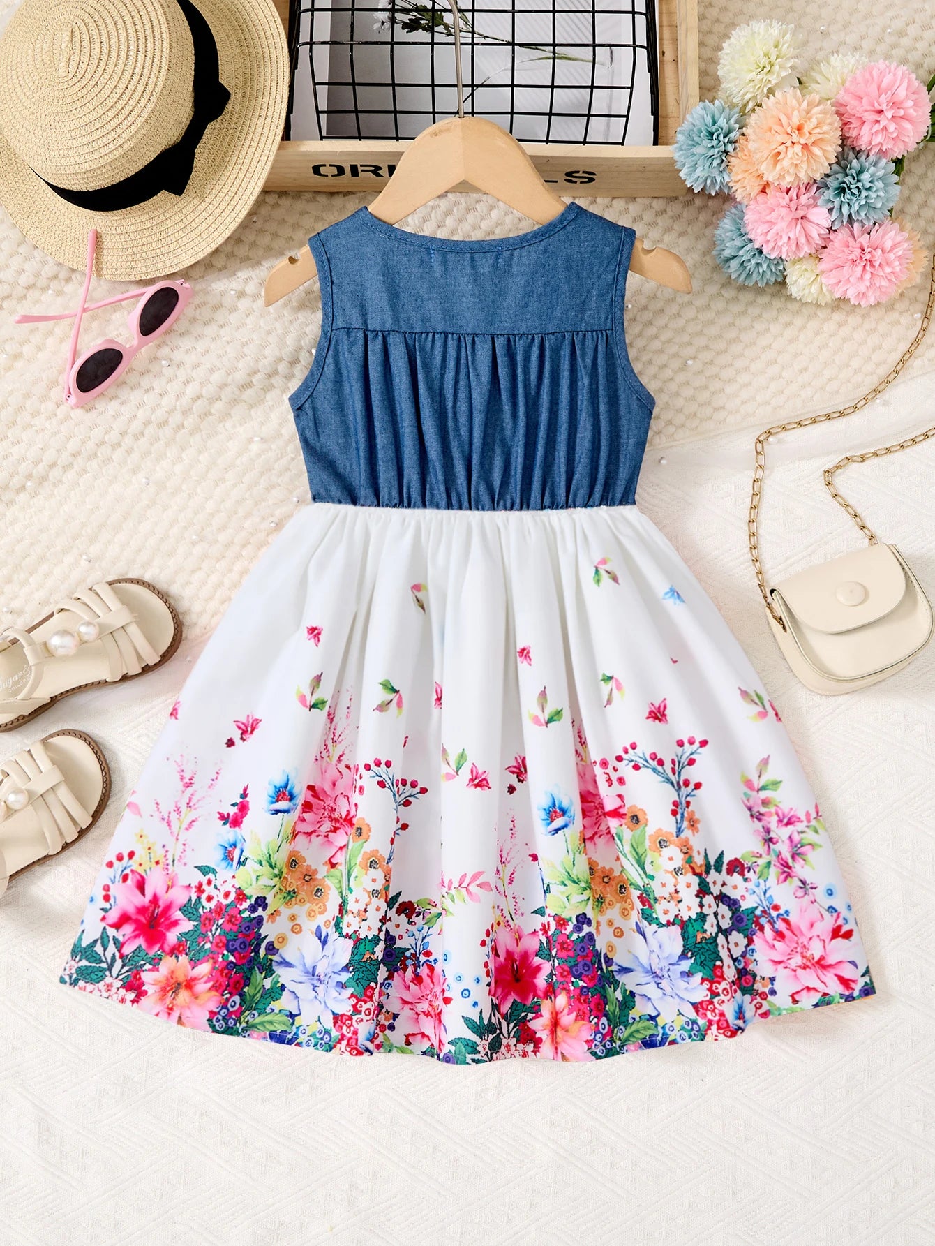 Girls Casual Dresses Denim Print Button Bow Ruffled sleeves Floral Tulle Cute Princess Formal Dresses Children Casual Dresses