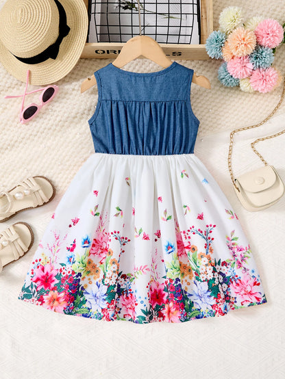 Girls Casual Dresses Denim Print Button Bow Ruffled sleeves Floral Tulle Cute Princess Formal Dresses Children Casual Dresses