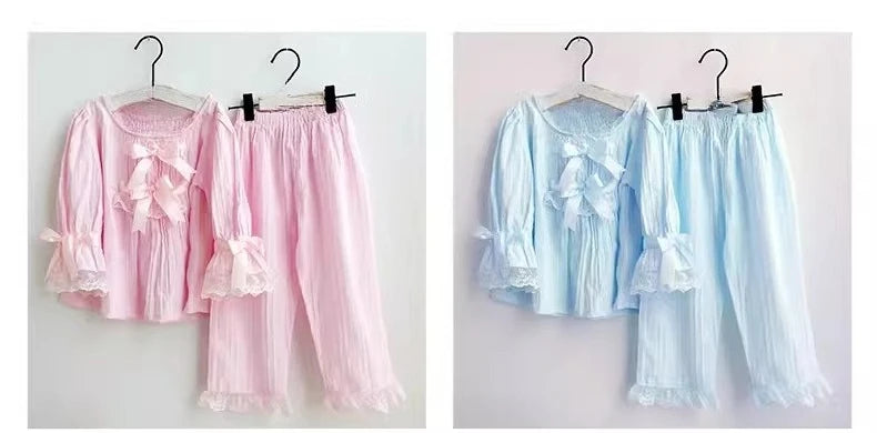 Girls Cotton Pajama Set Long Sleeve Kids Sleepwear Loungewear Comfy Home Clothes Basic Solid Color 2 Piece Outfit Summer Wear