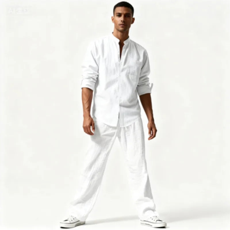 Fall Men's Cotton and Linen Two-piece Set, Oversized Simple Versatile Long-sleeved Shirt + Pants Comfortable Linen Suit for Men