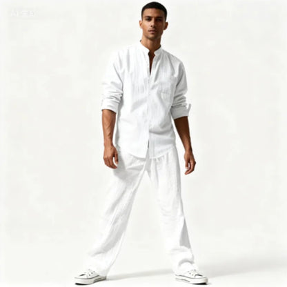 Fall Men's Cotton and Linen Two-piece Set, Oversized Simple Versatile Long-sleeved Shirt + Pants Comfortable Linen Suit for Men