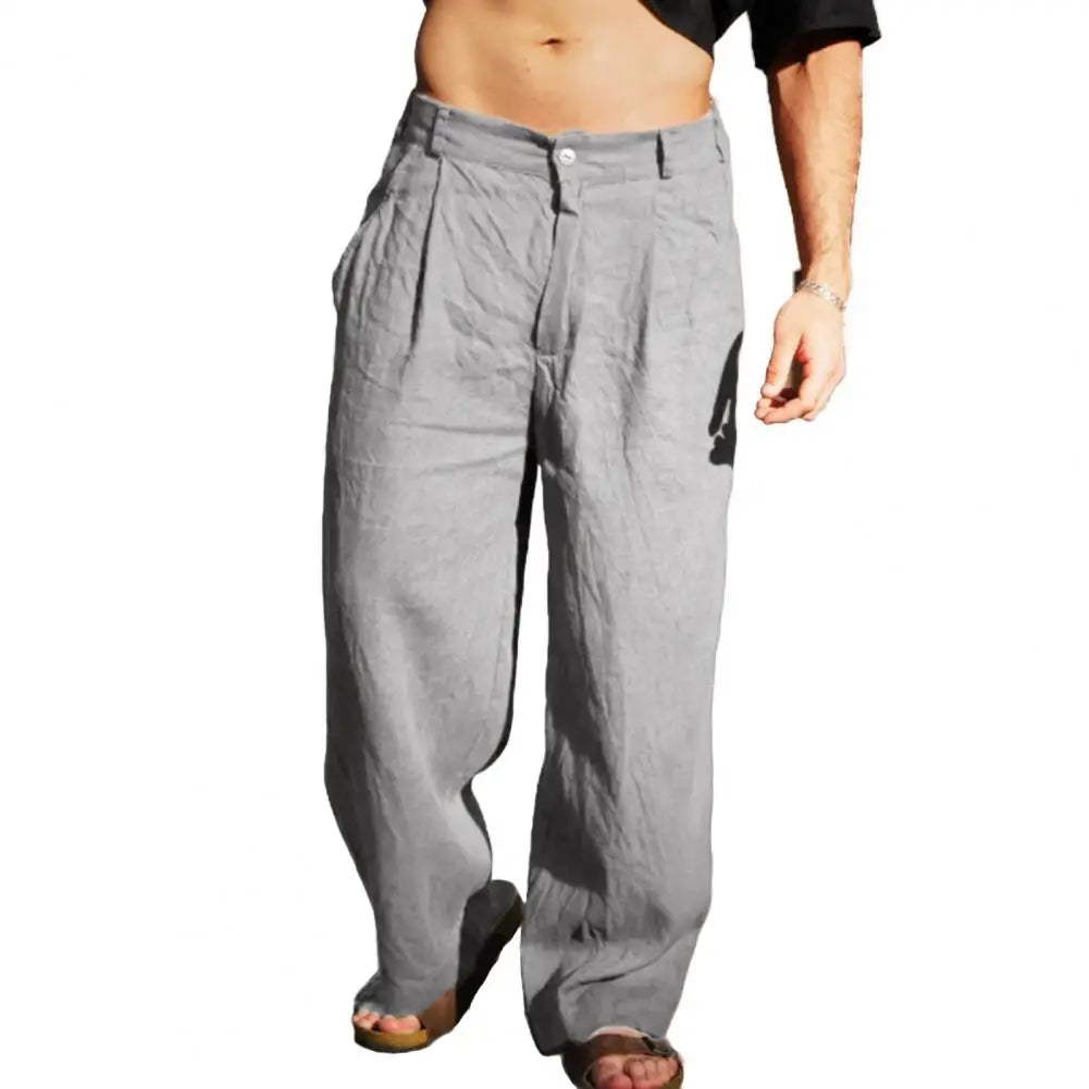 Men Cotton Linen Slacks Solid Color Loose Casual Trousers Breathable Summer Yoga Pants Pleated Jogger For Beach Vacation Fishing