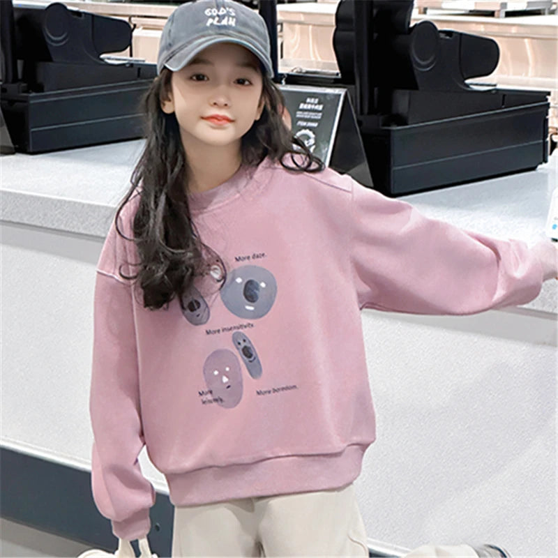 Fashion Cartoon Print Children's Sweatshirt For Teenage Girls Spring and Autumn Round Neck Sweatershirt Outfit Kids 5-14 Years