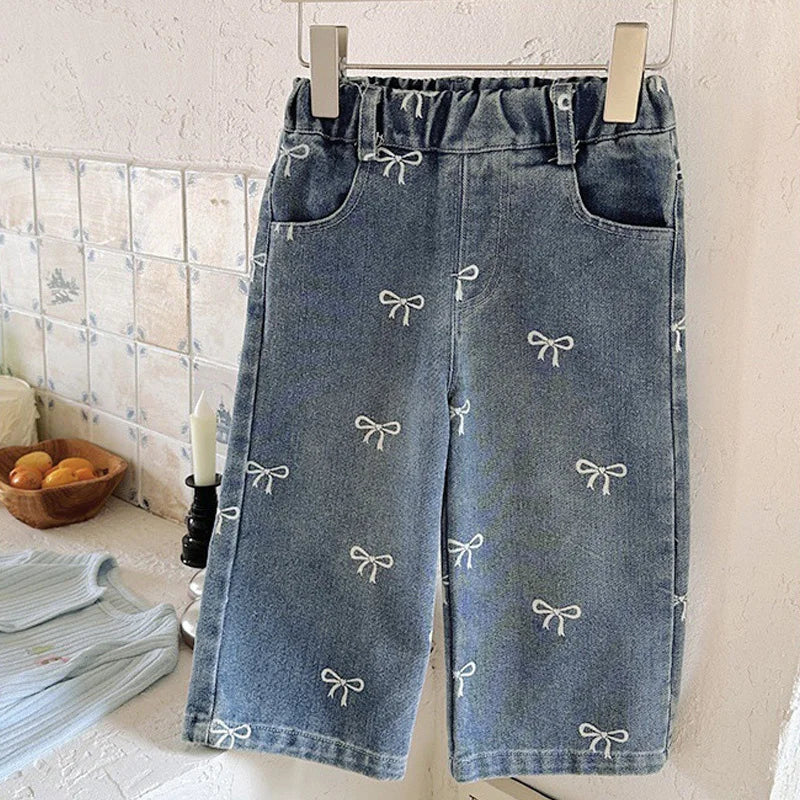 Girls Bow Wide Leg Jeans Autumn New Kids Loose Straight Denim Pants Toddler Casual Trousers Children Fashion Clothing 1-6Y