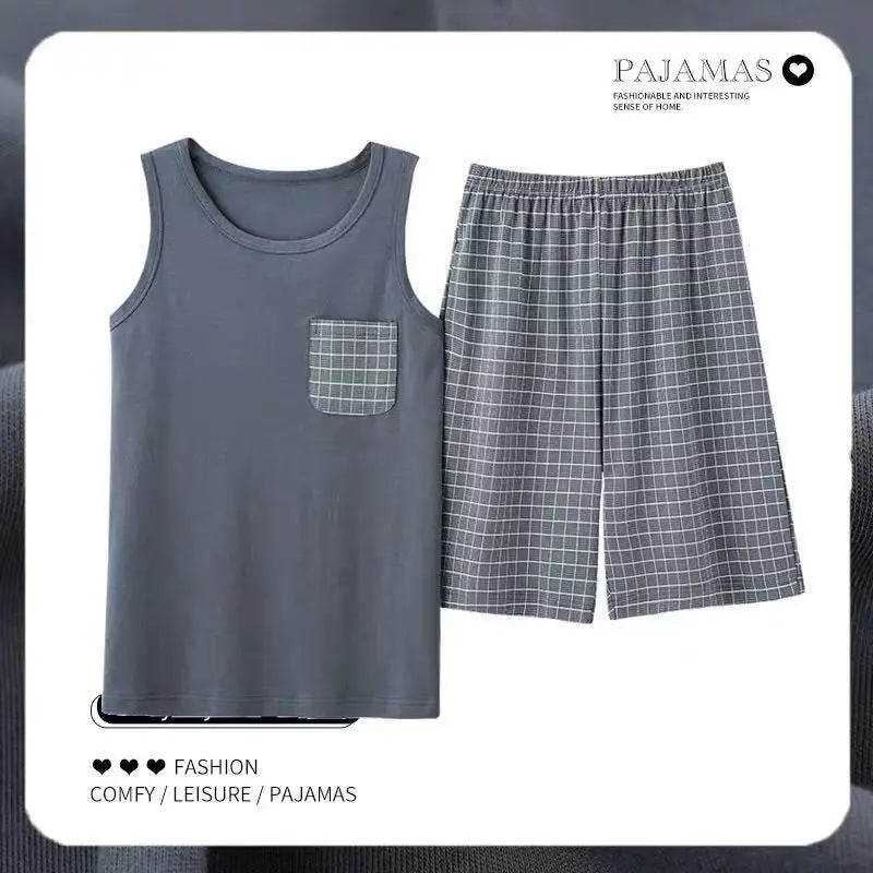 2026 New Men's Pajamas Sets Casual 100% Cotton Home Wear Sleeveless O-Neck Vest and Shorts Two Piece Sets Summer Couple Pajamas
