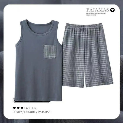 2026 New Men's Pajamas Sets Casual 100% Cotton Home Wear Sleeveless O-Neck Vest and Shorts Two Piece Sets Summer Couple Pajamas