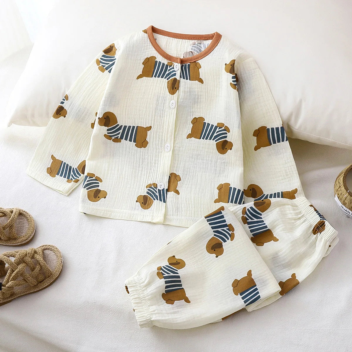 Girls Summer Thin Pajamas Homewear Cute Cartoon Floral Print Long Sleeve Lace Trimmed Sleepwear Baby Boys Casual Clothing Sets