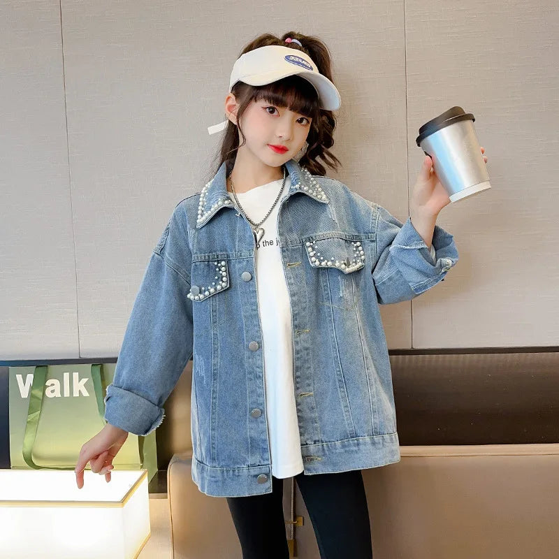 Jacket for Girls Autumn New Beading Denim Coat Fashion All-match School Teen Kids Outerwear 12 13 Years Children Casual Tops