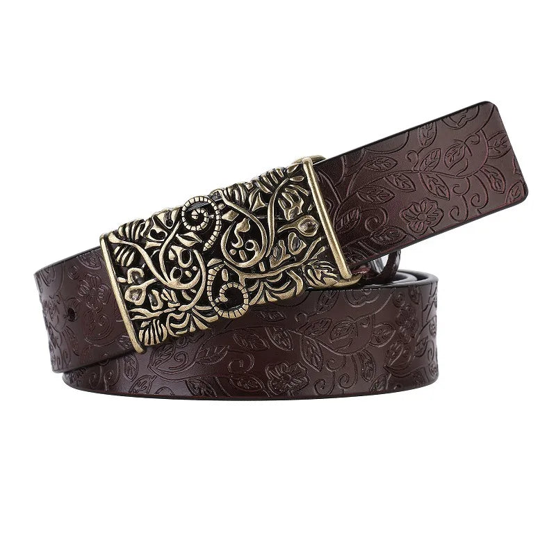 Vintage Flora Women Belts Cowhide Leather Belt Waistband with Sculpture Alloy Buckle for Dresses Skirts and Jeans