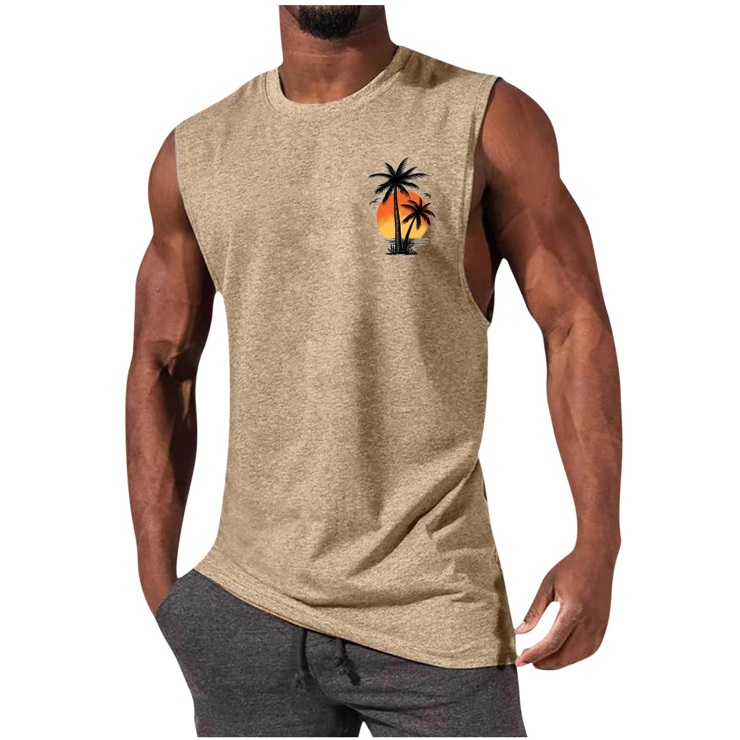 2025 Men's Hawaiian Beach Shirt Tropical Sunset Print Sleeveless Tank Top Palm Tree Vacation Swim Shirt Quick Dry Resort Wear
