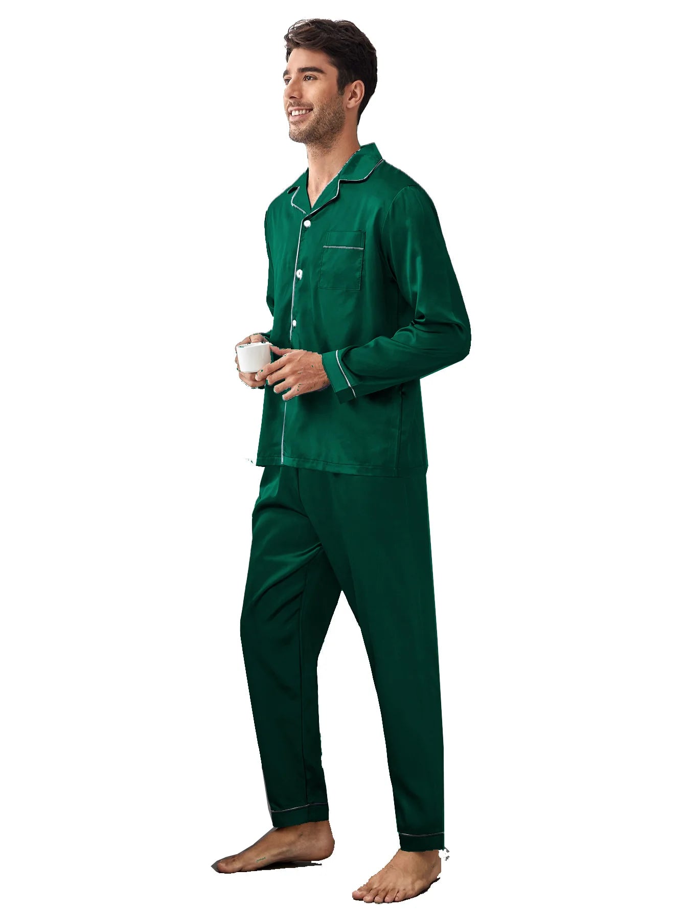 Men Sleepwear Solid Color Nightwear Long Sleeve Top&pants 2Pcs Pyjamas Suit Home Clothes Satin Homewear Outfits Male Pajamas