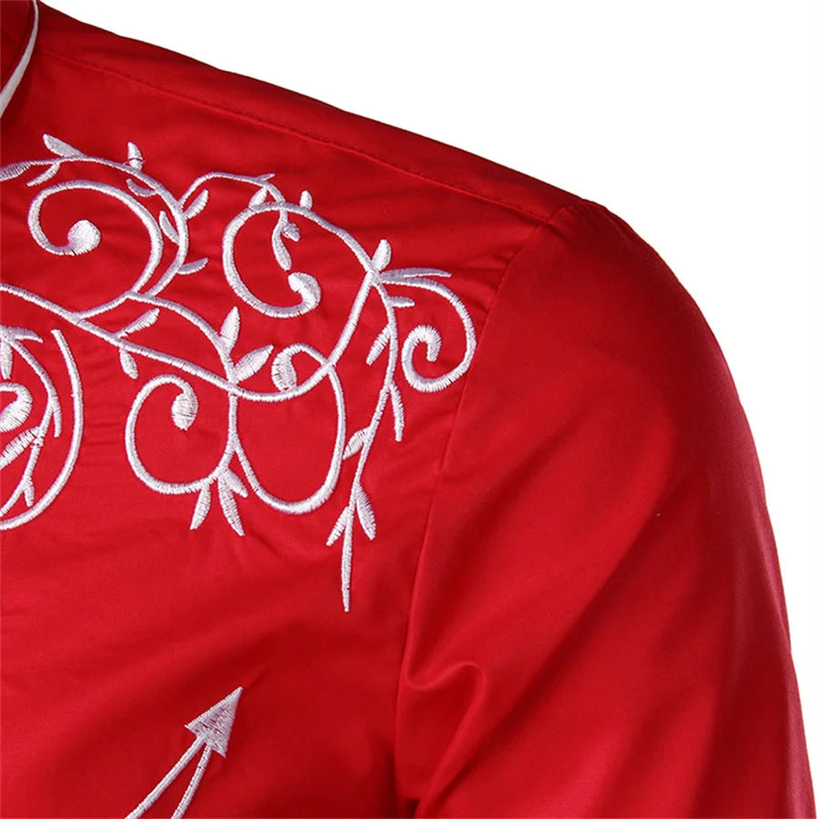 White Embroidery Shirts for Men Casual Shirt Western Style Cowboy Long Sleeve Party Dress Tops Classic Men's Clothing