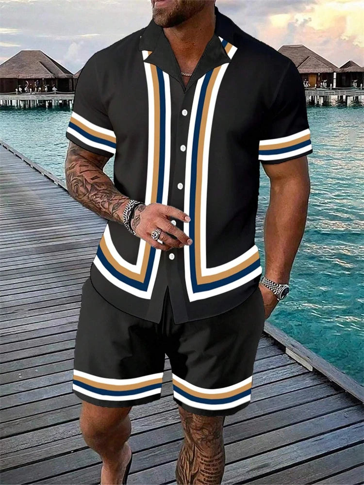 2024 New Men's Beach Wear 2-Piece Quick Drying Hawaiian Shirt and Shorts Set Summer Men's Fashion Striped Print Casual Wear