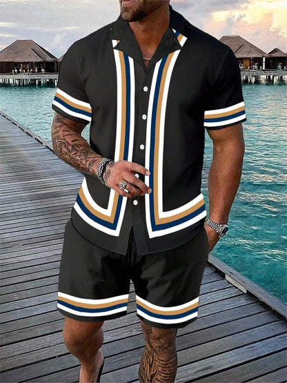 2024 New Men's Beach Wear 2-Piece Quick Drying Hawaiian Shirt and Shorts Set Summer Men's Fashion Striped Print Casual Wear