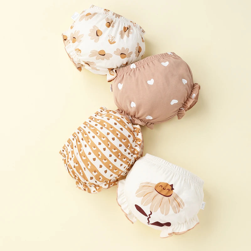 4-Pack Cloud-Like 100% Cotton Baby Underwear, Cute Ruffled Bloomers Infant Bread Pants