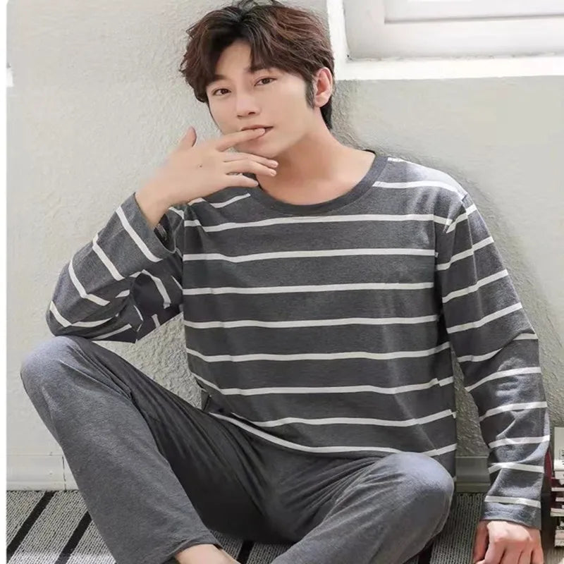 2PCS/Set Men's Pajamas Autumn Winter Long-Sleeved Fashion Soft Simple Casual Homewear Man Black Comfortable Striped Loungewear