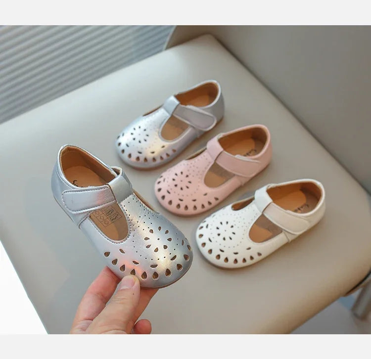Baby Girls Dress Shoes for Wedding Party Cut-outs Hollow Soft Princess Breathable Kids Leather Flats T-strap 2025 Spring Summer