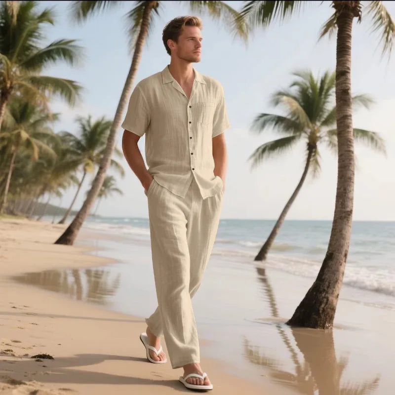 Men's Holiday Suits Summer Short Sleeve Shirts Pant Breathable Linen Beach Casual American Style Shirt Sets Leisure Trip Clothes