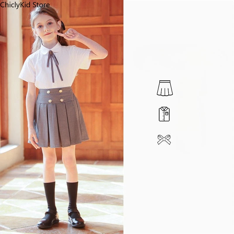 Girls Short Sleeve Blouse Skirt Boys British Shirt Shorts Children Kindergarten Students Summer Clothes Sets Kids School Uniform