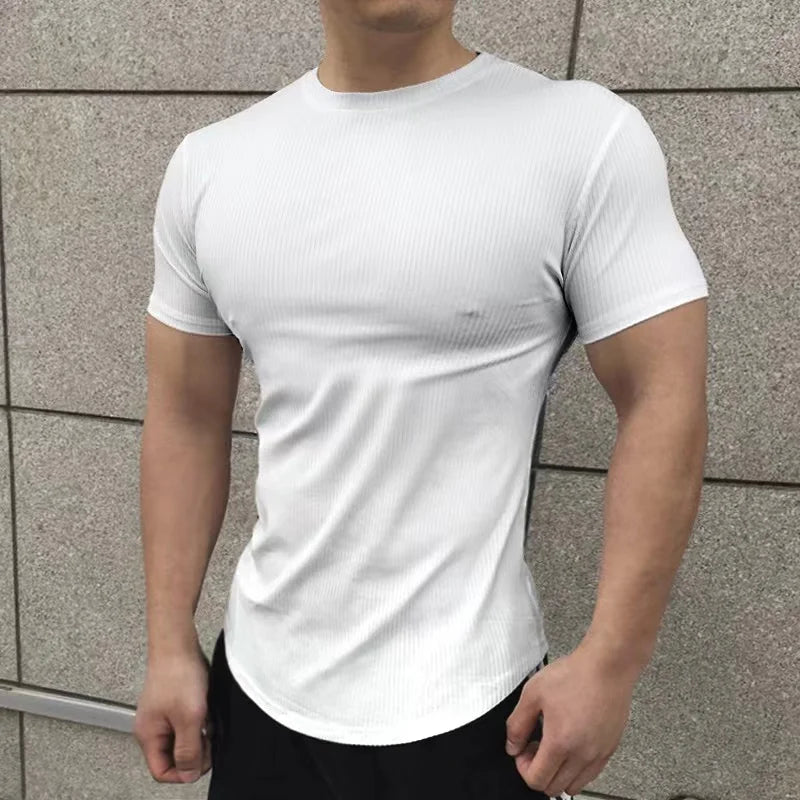 Men's Muscle Shirts Short Sleeve Casual Slim Fit Workout Tshirts Striped Curved Hem Light Weight Elastic