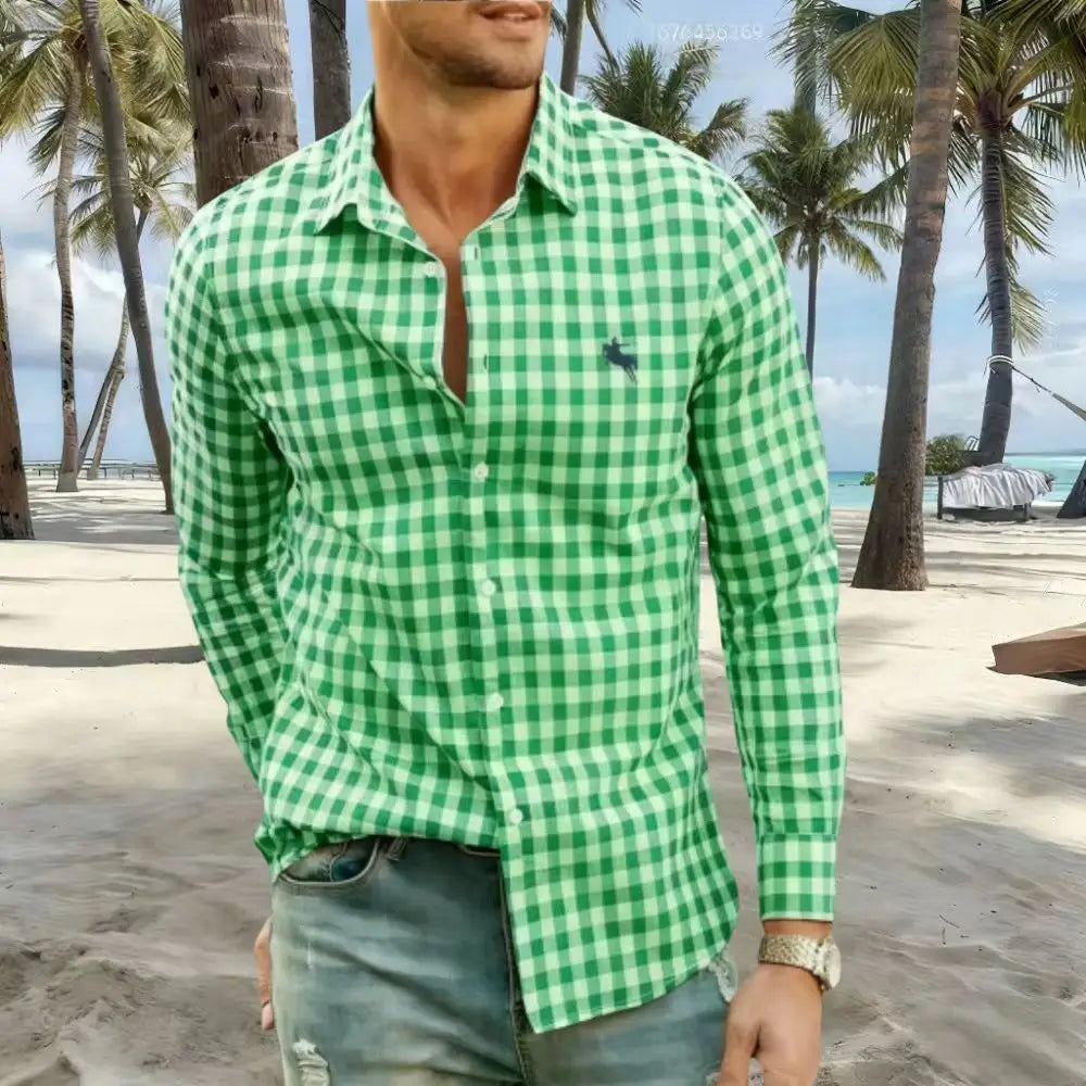 New men's shirts are available in striped and checked styles, with various colors to choose from. This casual long-sleeved shirt