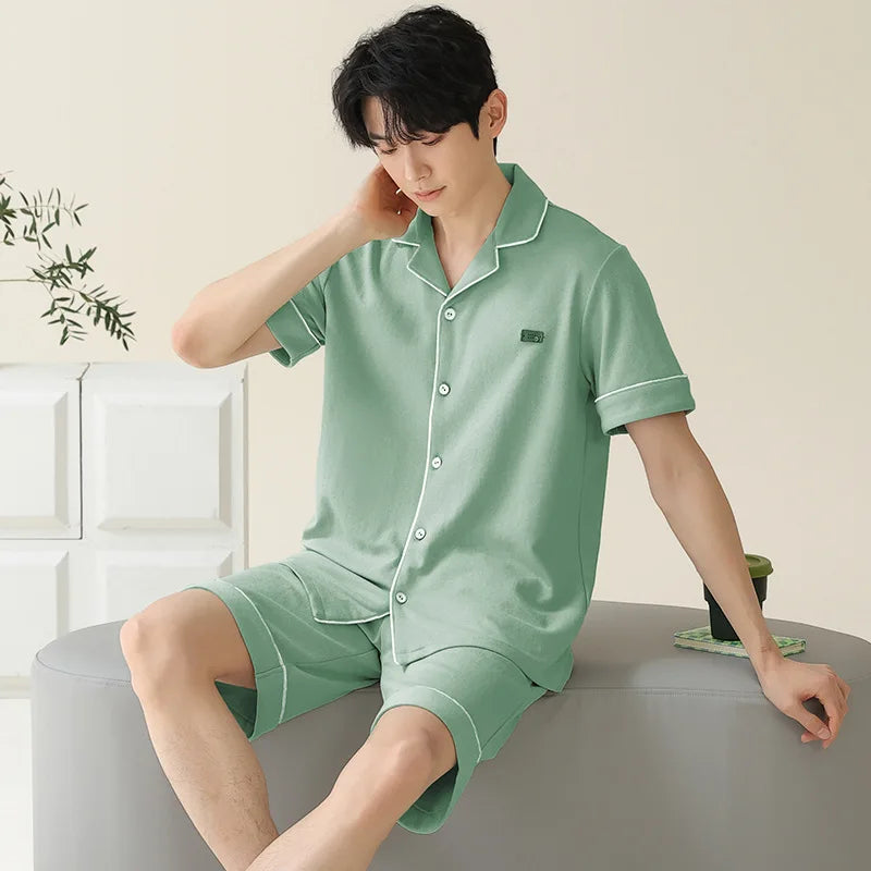 Pajamas for Men Spring Autumn Long Sleeve Lapel Button-up Cardigan Trousers Two-pieces Loose Casual Home Clothes Men Pajama Sets