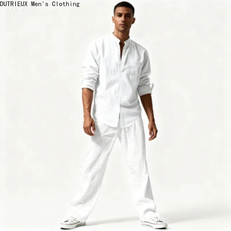Fall Men's Cotton and Linen Two-piece Set, Oversized Simple Versatile Long-sleeved Shirt + Pants Comfortable Linen Suit for Men