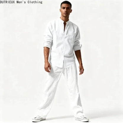 Fall Men's Cotton and Linen Two-piece Set, Oversized Simple Versatile Long-sleeved Shirt + Pants Comfortable Linen Suit for Men