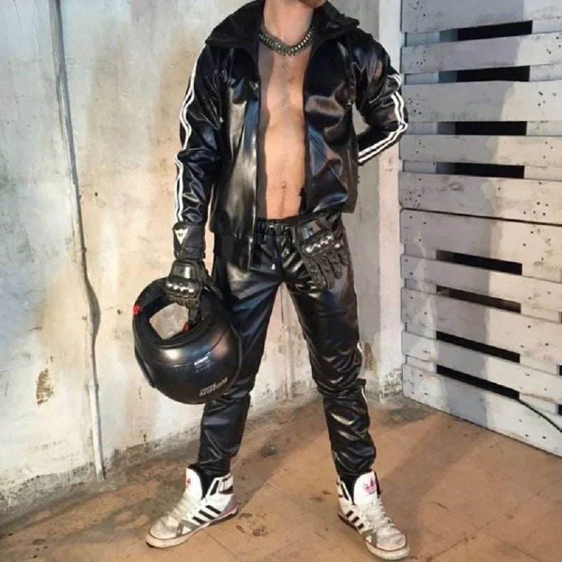 Men's PU Leather Hoodie Suit Casual Sportswear Hooded Jogging Suit Sportswear Men Outfit Set Juicy Tracksuit