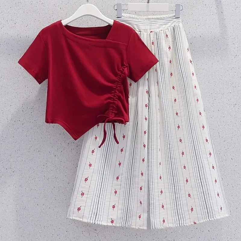 Summer Teenage Girls Clothes Set Children O-Neck Tshirt and Wide-leg pants Suit Student School Short Sleeve Top Bottom Outfits