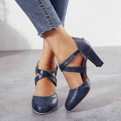Women High Heels Shoes 2023 Autumn New Round Toe Chunky Heel Casual Platform Women's Shoes Female Belt Buckle