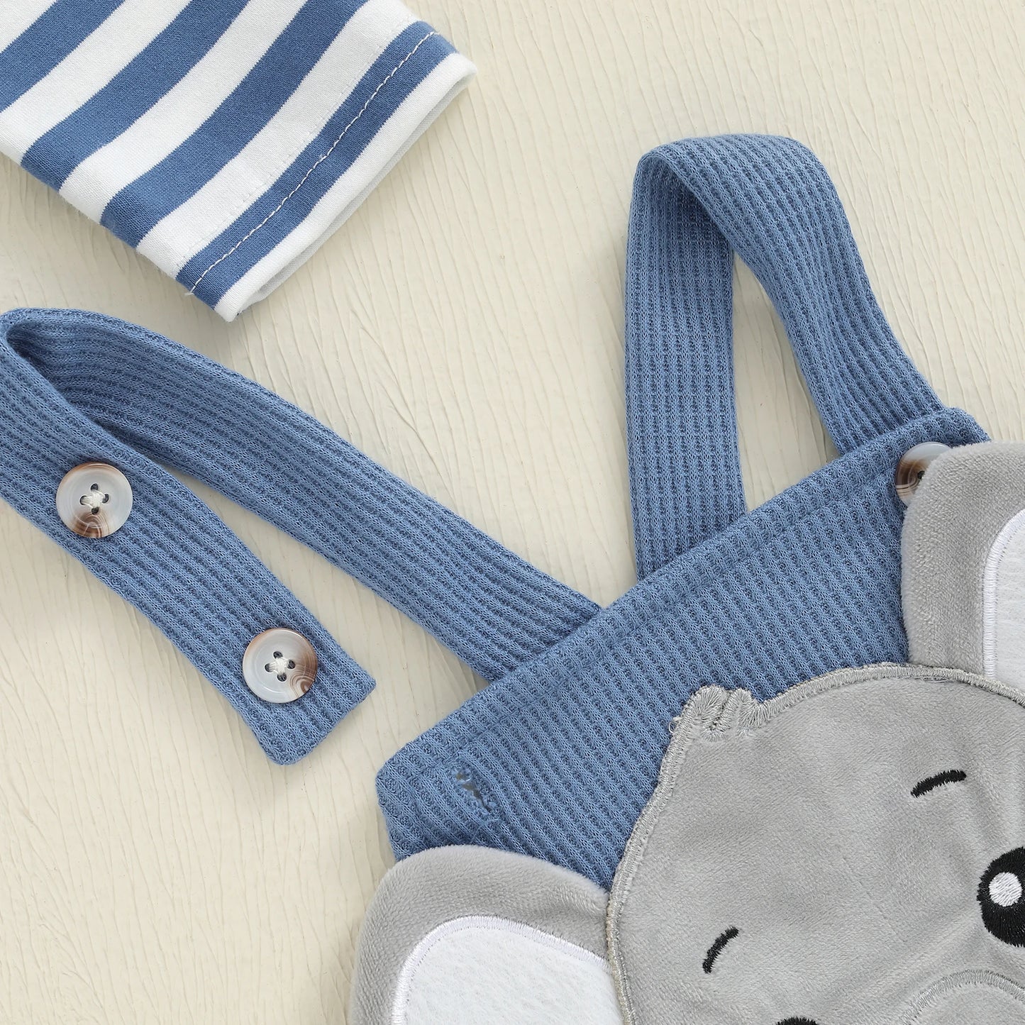 Infant Newborn Baby Boys 3Pcs Outfit Cute Baby Clothes Long Sleeve Striped Romper Animal Embroidery Overalls Hat