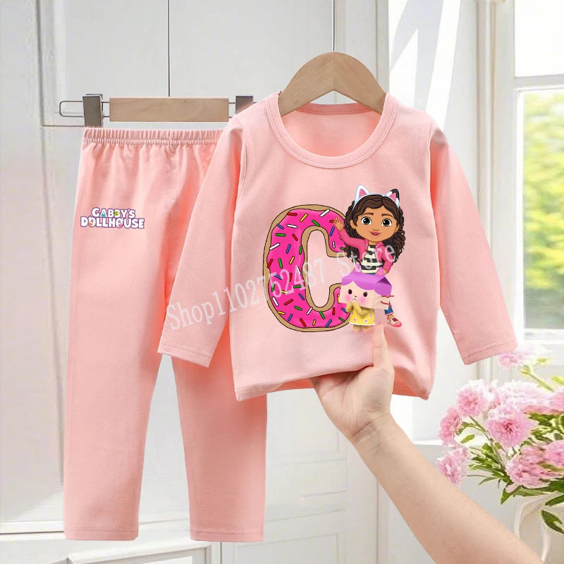 Gabby Dollhouses Pajamas Pants Set Girls Cute Letter A-Z Nightwear Trousers Kids Winter Home Clothes Children Long Sleeves Gift