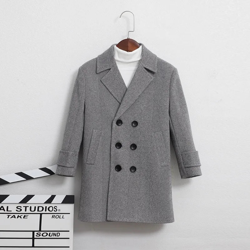 Boys Girls Winter Thick Warm Wool Coat Kids Windproof Cotton Padded Long Jacket Children Fromal Woolen Coat Teens Clothes