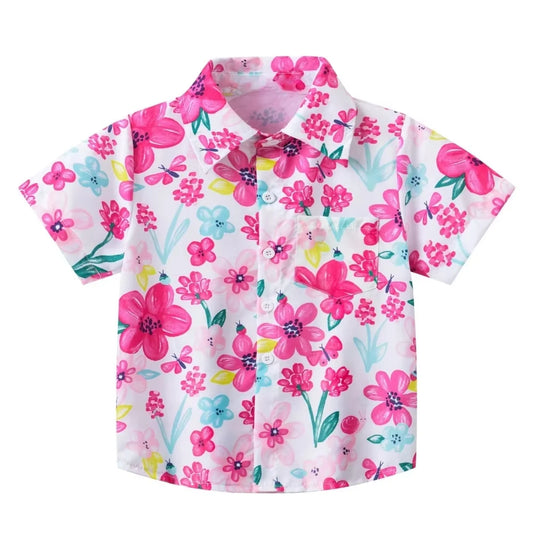 Girl Blouse Fashion Pink Flower Printed Children Top Lapel Short Sleeve Girl Clothes from 5 to 6 Years Top Shirts for Children